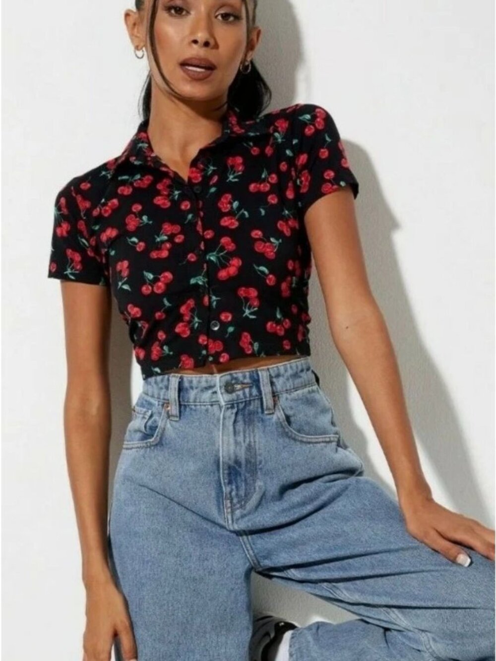 Motel Rocks Black Cherry Sheer Mesh Crop Shirt XXS